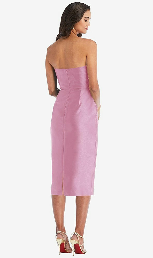 Back View - Powder Pink Strapless Bow-Waist Pleated Satin Pencil Dress with Pockets