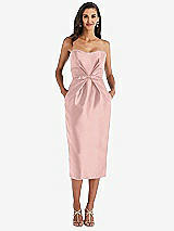 Front View Thumbnail - Rose - PANTONE Rose Quartz Strapless Bow-Waist Pleated Satin Pencil Dress with Pockets