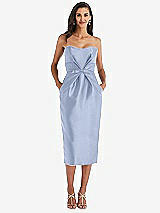 Front View Thumbnail - Sky Blue Strapless Bow-Waist Pleated Satin Pencil Dress with Pockets