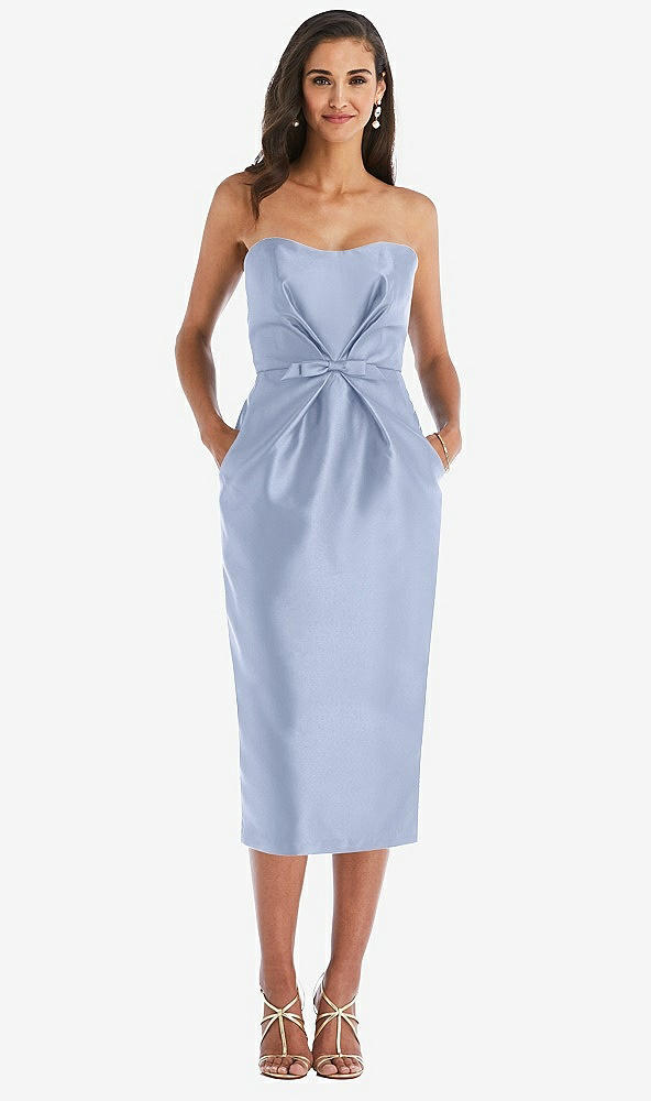 Front View - Sky Blue Strapless Bow-Waist Pleated Satin Pencil Dress with Pockets