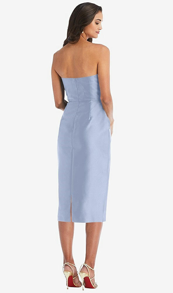 Back View - Sky Blue Strapless Bow-Waist Pleated Satin Pencil Dress with Pockets