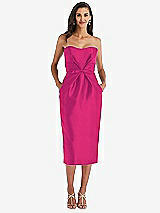Front View Thumbnail - Think Pink Strapless Bow-Waist Pleated Satin Pencil Dress with Pockets