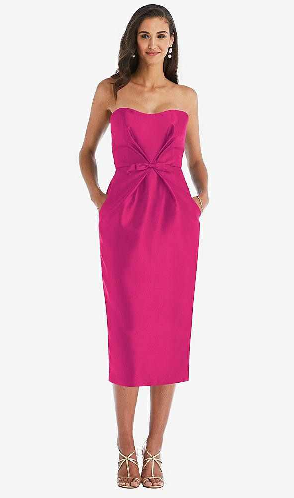 Front View - Think Pink Strapless Bow-Waist Pleated Satin Pencil Dress with Pockets