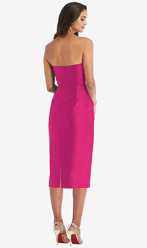 Back View - Think Pink Strapless Bow-Waist Pleated Satin Pencil Dress with Pockets