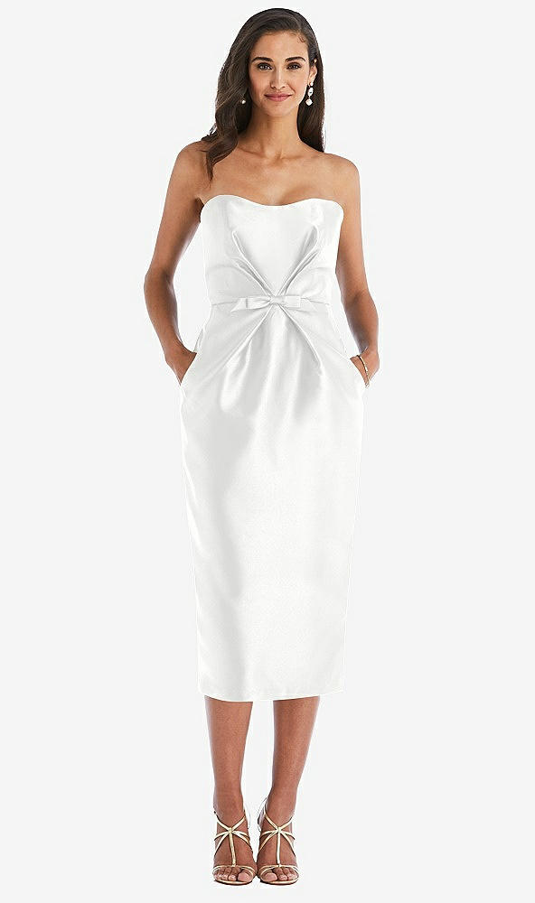 Front View - White Strapless Bow-Waist Pleated Satin Pencil Dress with Pockets