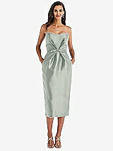 Front View Thumbnail - Willow Green Strapless Bow-Waist Pleated Satin Pencil Dress with Pockets