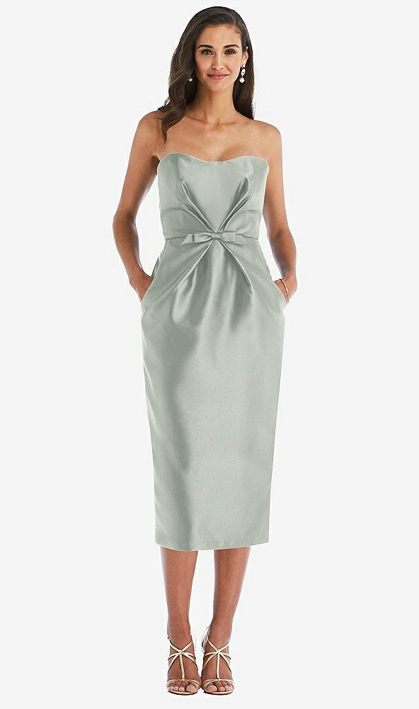 Front View - Willow Green Strapless Bow-Waist Pleated Satin Pencil Dress with Pockets