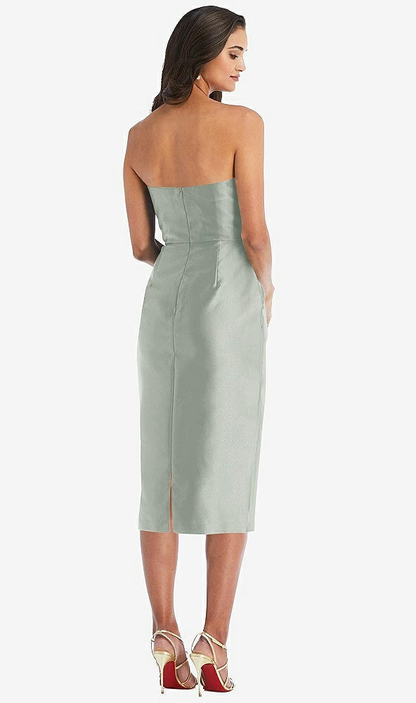 Back View - Willow Green Strapless Bow-Waist Pleated Satin Pencil Dress with Pockets