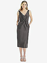 Front View Thumbnail - Caviar Gray Sleeveless Bow-Waist Pleated Satin Pencil Dress with Pockets