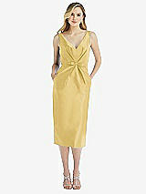Front View Thumbnail - Maize Sleeveless Bow-Waist Pleated Satin Pencil Dress with Pockets