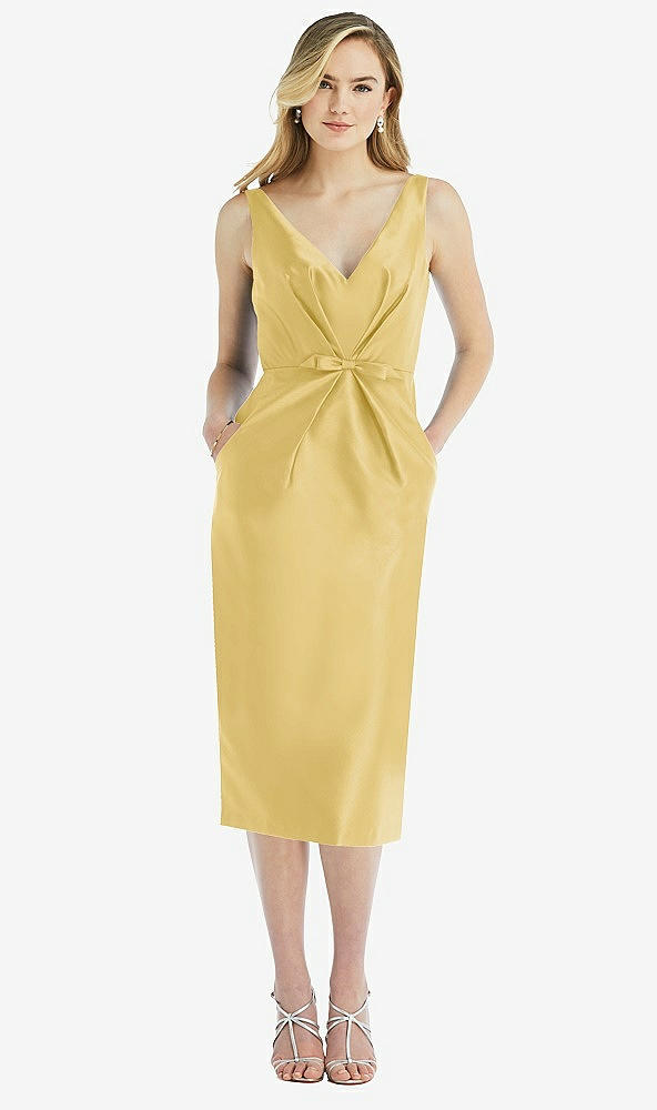 Front View - Maize Sleeveless Bow-Waist Pleated Satin Pencil Dress with Pockets
