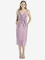 Front View Thumbnail - Suede Rose Sleeveless Bow-Waist Pleated Satin Pencil Dress with Pockets