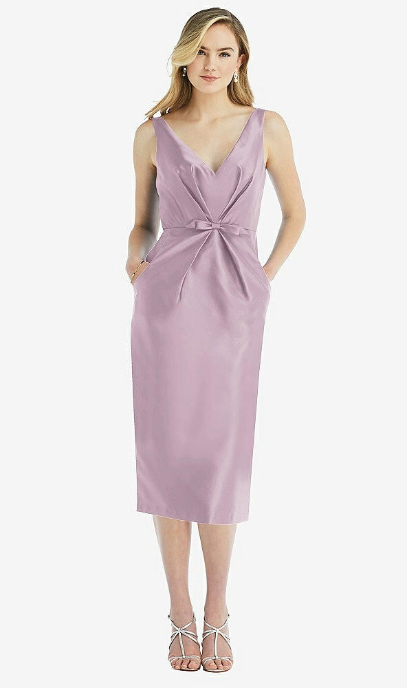 Front View - Suede Rose Sleeveless Bow-Waist Pleated Satin Pencil Dress with Pockets