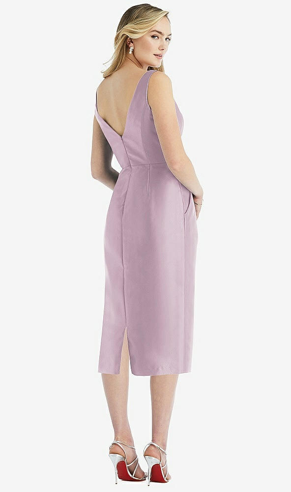 Back View - Suede Rose Sleeveless Bow-Waist Pleated Satin Pencil Dress with Pockets