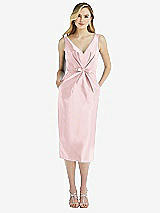 Front View Thumbnail - Ballet Pink Sleeveless Bow-Waist Pleated Satin Pencil Dress with Pockets
