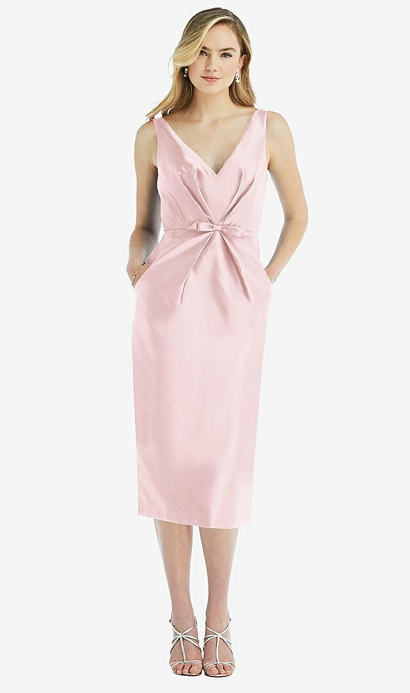 Front View - Ballet Pink Sleeveless Bow-Waist Pleated Satin Pencil Dress with Pockets