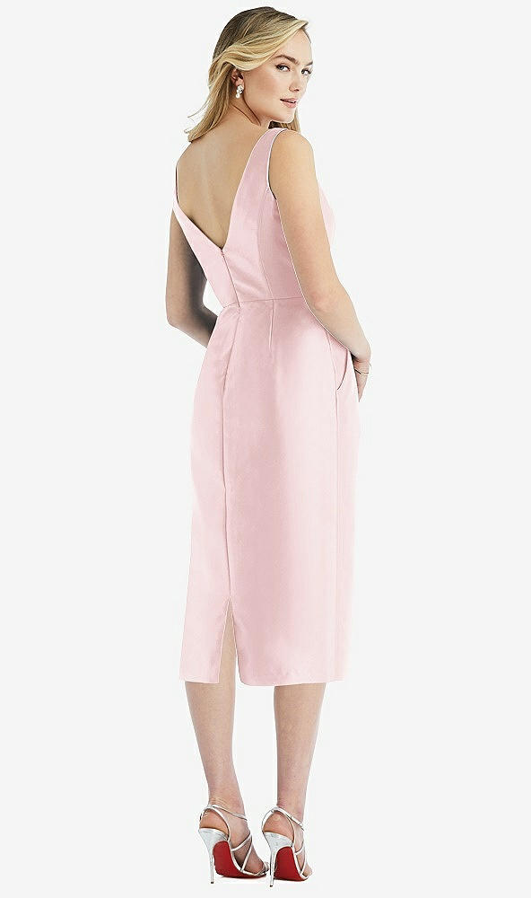 Back View - Ballet Pink Sleeveless Bow-Waist Pleated Satin Pencil Dress with Pockets