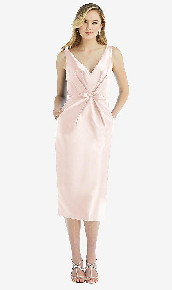 Front View - Blush Sleeveless Bow-Waist Pleated Satin Pencil Dress with Pockets