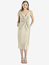 Front View Thumbnail - Champagne Sleeveless Bow-Waist Pleated Satin Pencil Dress with Pockets