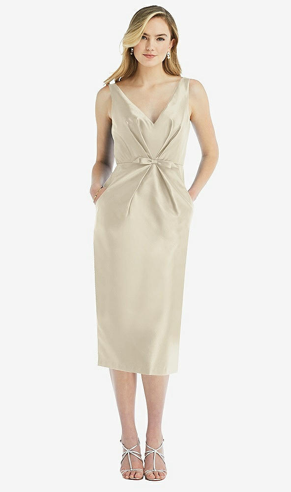 Front View - Champagne Sleeveless Bow-Waist Pleated Satin Pencil Dress with Pockets