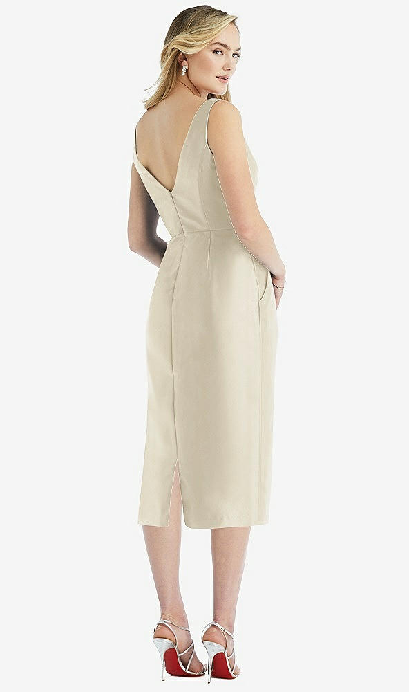 Back View - Champagne Sleeveless Bow-Waist Pleated Satin Pencil Dress with Pockets