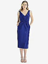 Front View Thumbnail - Cobalt Blue Sleeveless Bow-Waist Pleated Satin Pencil Dress with Pockets