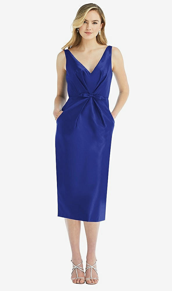 Front View - Cobalt Blue Sleeveless Bow-Waist Pleated Satin Pencil Dress with Pockets