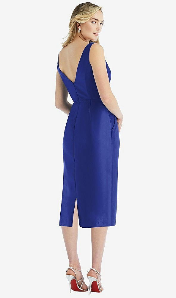 Back View - Cobalt Blue Sleeveless Bow-Waist Pleated Satin Pencil Dress with Pockets