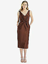 Front View Thumbnail - Cognac Sleeveless Bow-Waist Pleated Satin Pencil Dress with Pockets