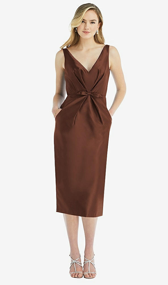 Front View - Cognac Sleeveless Bow-Waist Pleated Satin Pencil Dress with Pockets