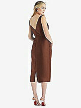 Rear View Thumbnail - Cognac Sleeveless Bow-Waist Pleated Satin Pencil Dress with Pockets