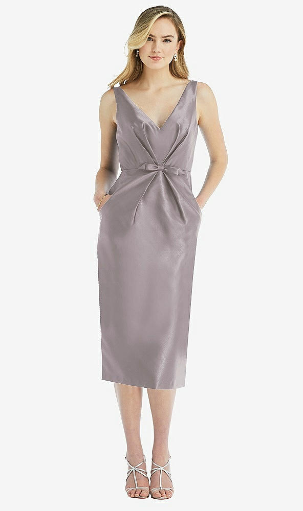 Front View - Cashmere Gray Sleeveless Bow-Waist Pleated Satin Pencil Dress with Pockets