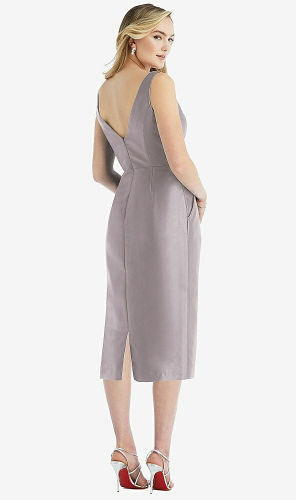 Back View - Cashmere Gray Sleeveless Bow-Waist Pleated Satin Pencil Dress with Pockets