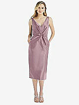 Front View Thumbnail - Dusty Rose Sleeveless Bow-Waist Pleated Satin Pencil Dress with Pockets
