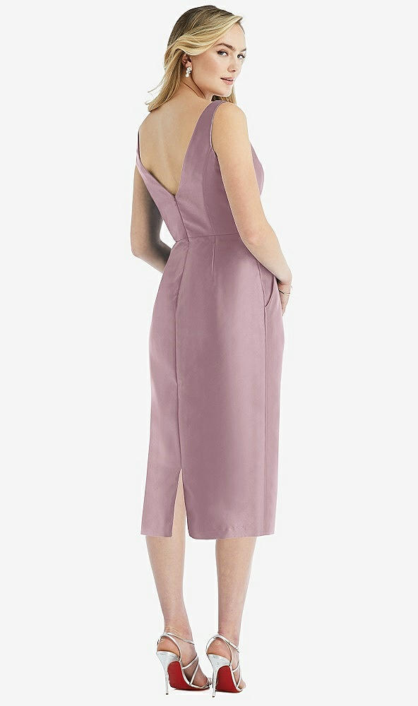 Back View - Dusty Rose Sleeveless Bow-Waist Pleated Satin Pencil Dress with Pockets