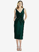 Front View Thumbnail - Evergreen Sleeveless Bow-Waist Pleated Satin Pencil Dress with Pockets