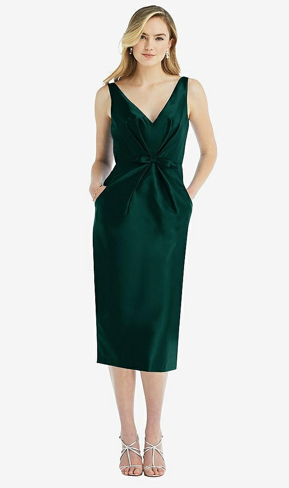 Front View - Evergreen Sleeveless Bow-Waist Pleated Satin Pencil Dress with Pockets