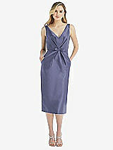 Front View Thumbnail - French Blue Sleeveless Bow-Waist Pleated Satin Pencil Dress with Pockets