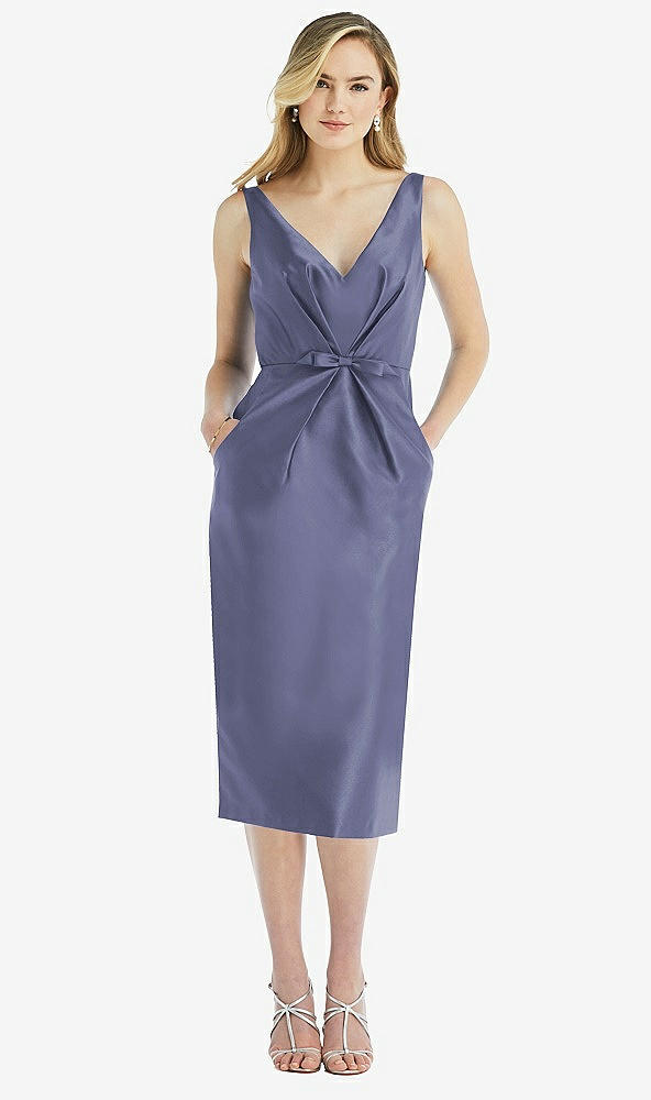 Front View - French Blue Sleeveless Bow-Waist Pleated Satin Pencil Dress with Pockets
