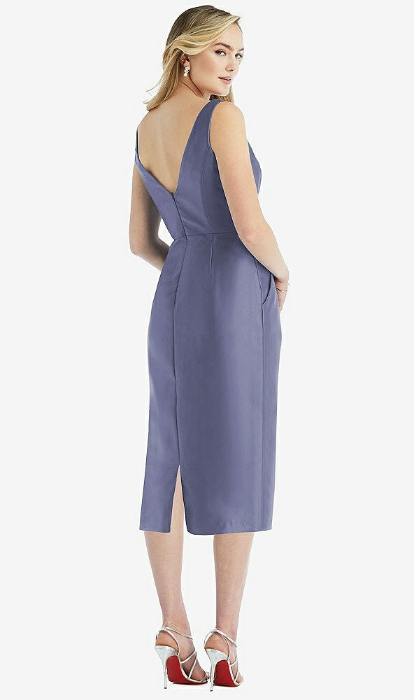 Back View - French Blue Sleeveless Bow-Waist Pleated Satin Pencil Dress with Pockets