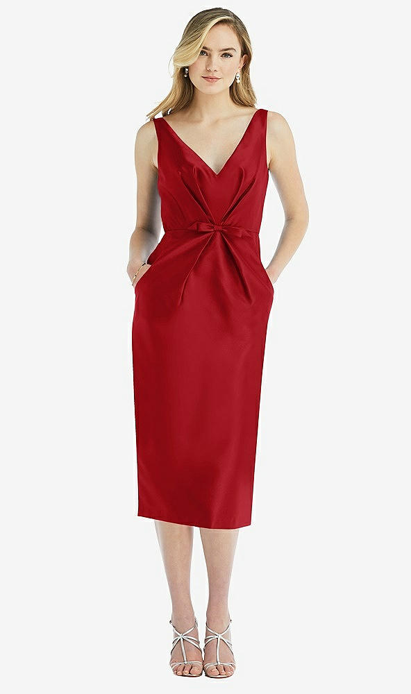Front View - Garnet Sleeveless Bow-Waist Pleated Satin Pencil Dress with Pockets