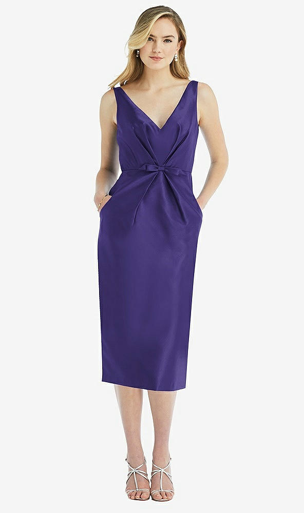 Front View - Grape Sleeveless Bow-Waist Pleated Satin Pencil Dress with Pockets