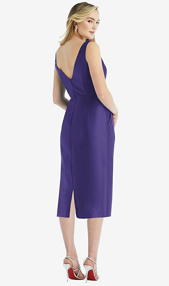 Back View - Grape Sleeveless Bow-Waist Pleated Satin Pencil Dress with Pockets