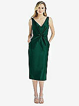 Front View Thumbnail - Hunter Green Sleeveless Bow-Waist Pleated Satin Pencil Dress with Pockets