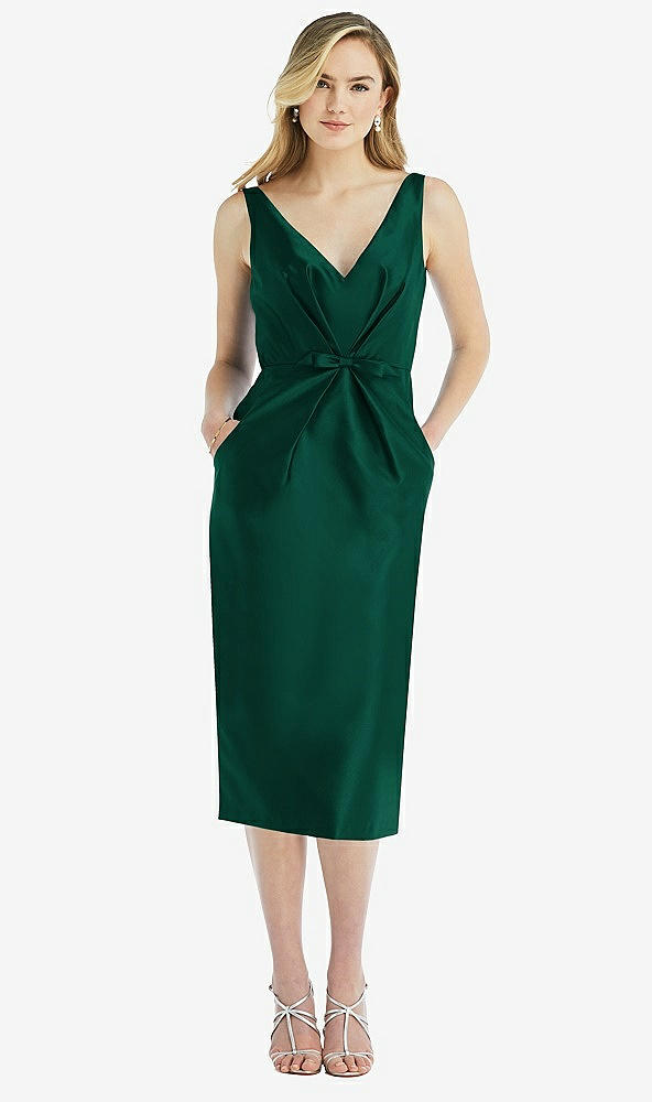 Front View - Hunter Green Sleeveless Bow-Waist Pleated Satin Pencil Dress with Pockets
