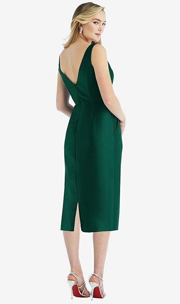 Back View - Hunter Green Sleeveless Bow-Waist Pleated Satin Pencil Dress with Pockets