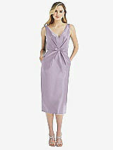 Front View Thumbnail - Lilac Haze Sleeveless Bow-Waist Pleated Satin Pencil Dress with Pockets