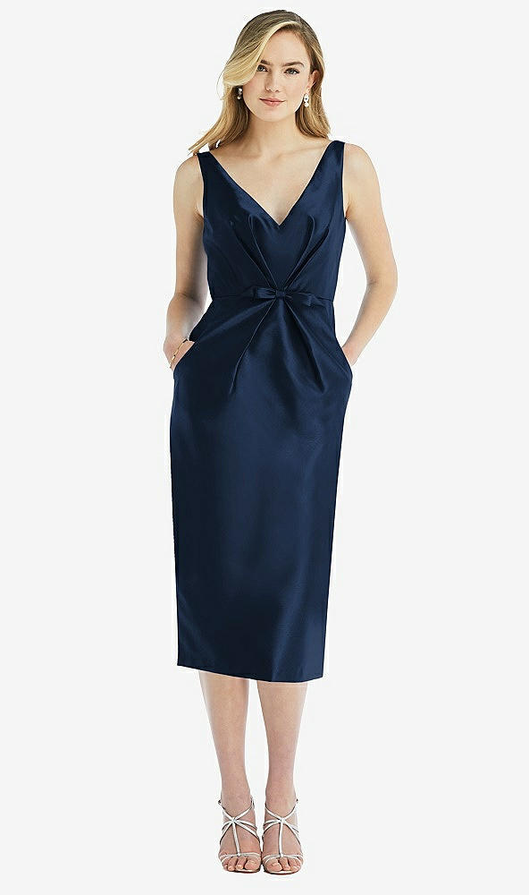 Front View - Midnight Navy Sleeveless Bow-Waist Pleated Satin Pencil Dress with Pockets