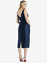 Rear View Thumbnail - Midnight Navy Sleeveless Bow-Waist Pleated Satin Pencil Dress with Pockets