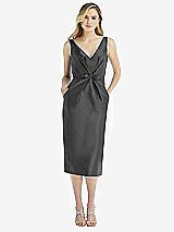 Front View Thumbnail - Pewter Sleeveless Bow-Waist Pleated Satin Pencil Dress with Pockets
